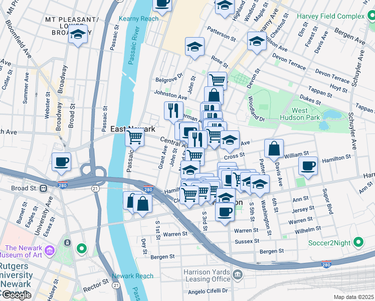 map of restaurants, bars, coffee shops, grocery stores, and more near 406 North 2nd Street in East Newark