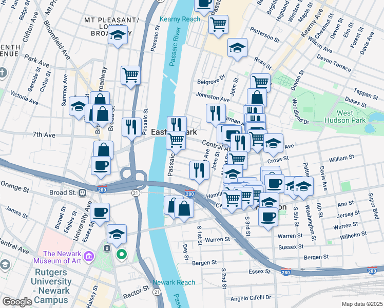 map of restaurants, bars, coffee shops, grocery stores, and more near 18 President Street in East Newark