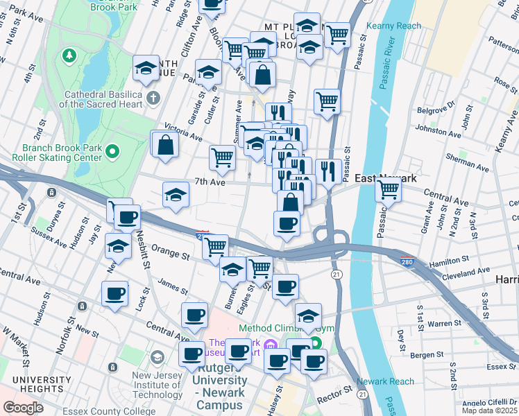 map of restaurants, bars, coffee shops, grocery stores, and more near in Newark