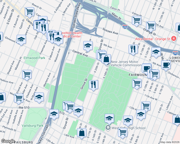 map of restaurants, bars, coffee shops, grocery stores, and more near 198 South Grove Street in East Orange