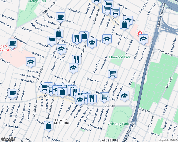 map of restaurants, bars, coffee shops, grocery stores, and more near 217 Eppirt Street in East Orange