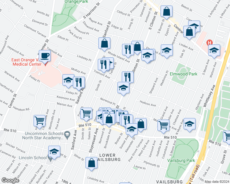 map of restaurants, bars, coffee shops, grocery stores, and more near 443-45 Norwood Place in East Orange