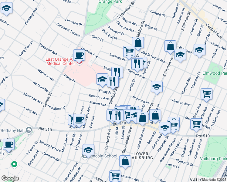 map of restaurants, bars, coffee shops, grocery stores, and more near 23 Lanark Avenue in Newark