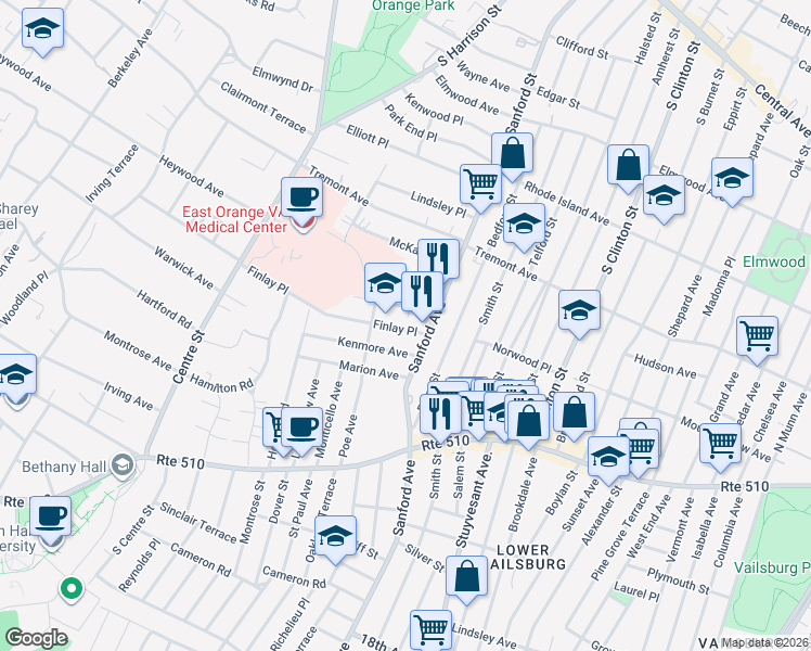 map of restaurants, bars, coffee shops, grocery stores, and more near 23 Lanark Avenue in Newark