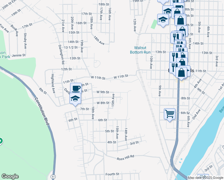 map of restaurants, bars, coffee shops, grocery stores, and more near 1405 West 11th Street in Beaver Falls