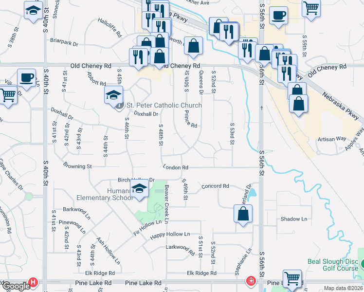 map of restaurants, bars, coffee shops, grocery stores, and more near 6200 Princess Margaret Drive in Lincoln