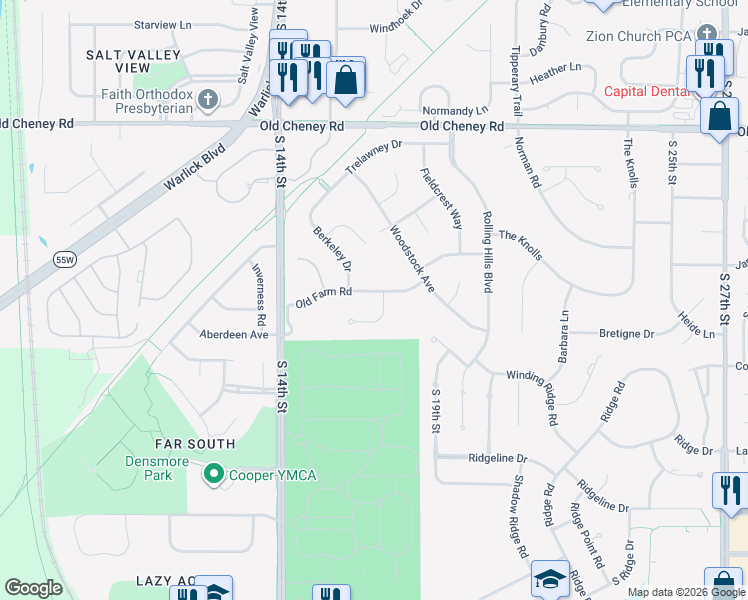 map of restaurants, bars, coffee shops, grocery stores, and more near 1622 Old Farm Road in Lincoln