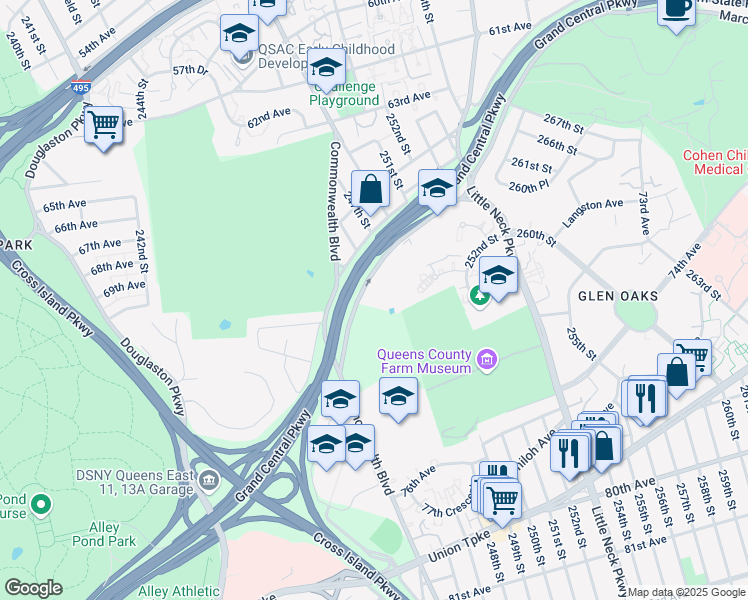 map of restaurants, bars, coffee shops, grocery stores, and more near 249-18 Grand Central Parkway in Queens