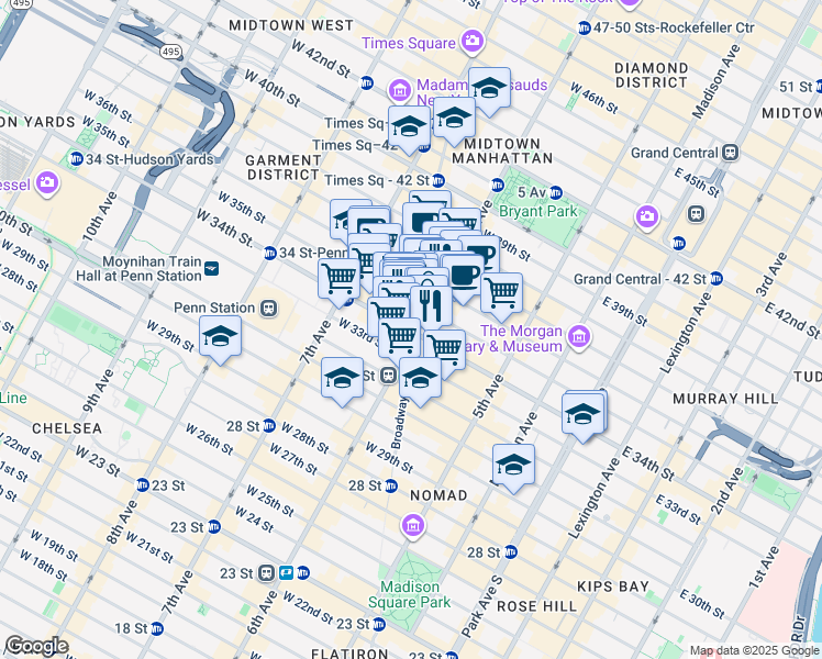 map of restaurants, bars, coffee shops, grocery stores, and more near in New York