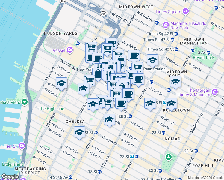 map of restaurants, bars, coffee shops, grocery stores, and more near 309 West 30th Street in New York