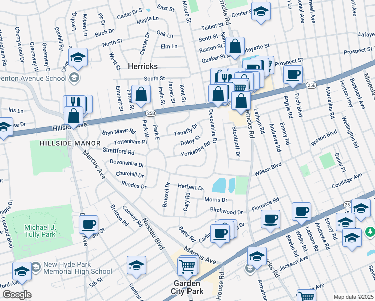 map of restaurants, bars, coffee shops, grocery stores, and more near 33 Daley Street in New Hyde Park
