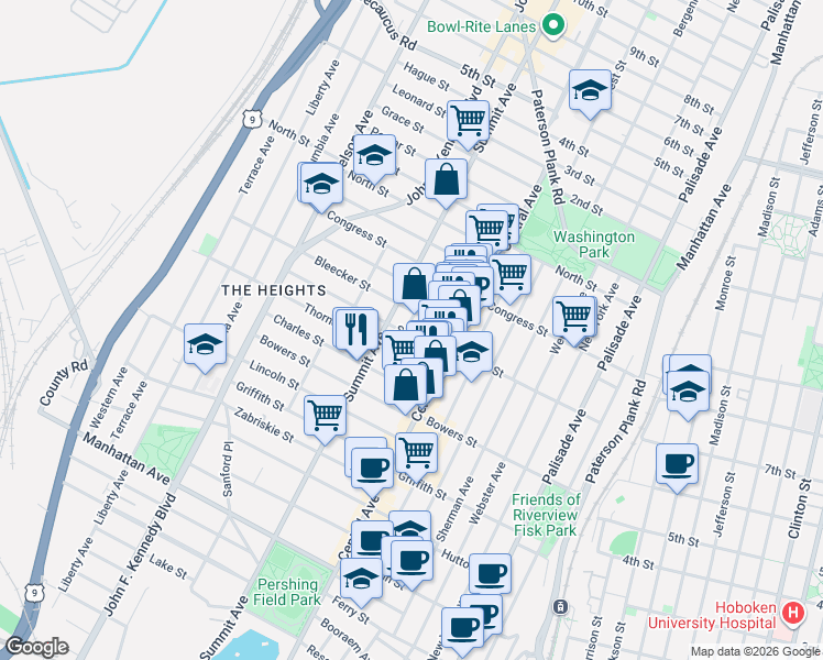 map of restaurants, bars, coffee shops, grocery stores, and more near 47 Bleecker Street in Jersey City