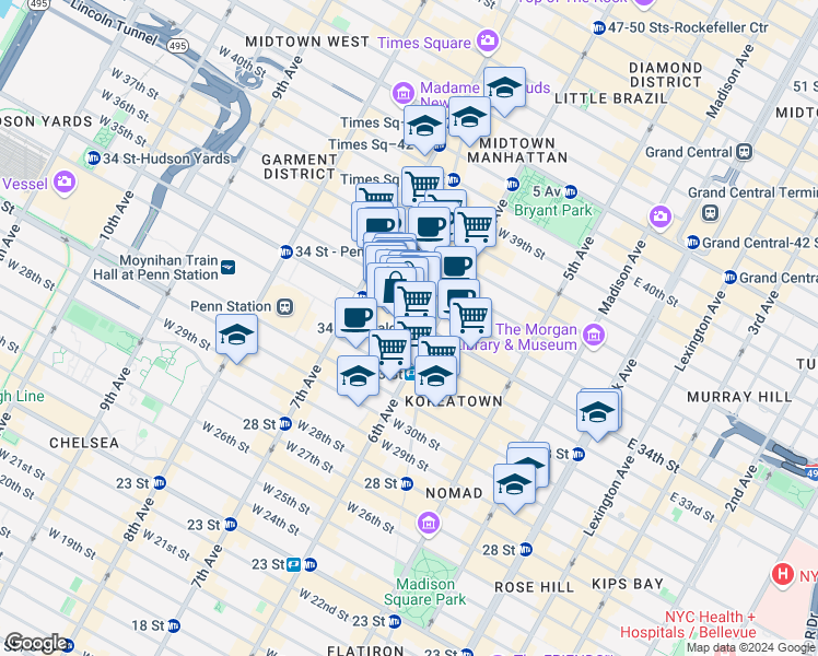 map of restaurants, bars, coffee shops, grocery stores, and more near 112 West 34th Street in New York
