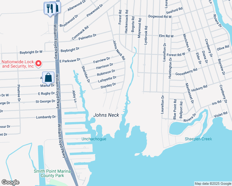 map of restaurants, bars, coffee shops, grocery stores, and more near 1 Hampton Road in Shirley