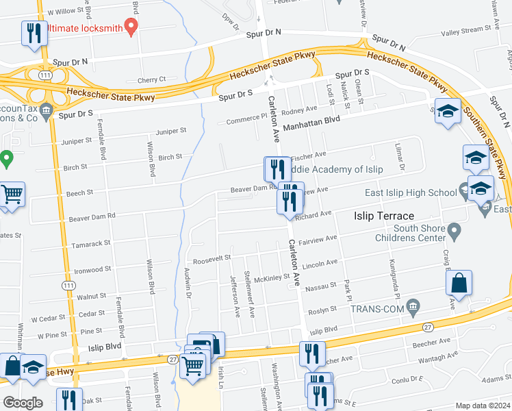 map of restaurants, bars, coffee shops, grocery stores, and more near 15 Irving Place in Islip Terrace