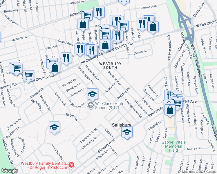 map of restaurants, bars, coffee shops, grocery stores, and more near 988 Bowling Green Drive in Westbury