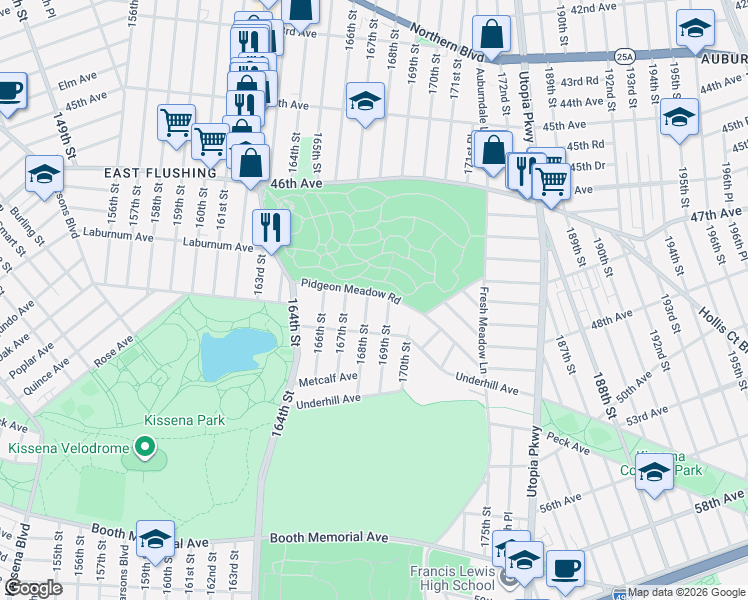 map of restaurants, bars, coffee shops, grocery stores, and more near 47-04 168th Street in Queens