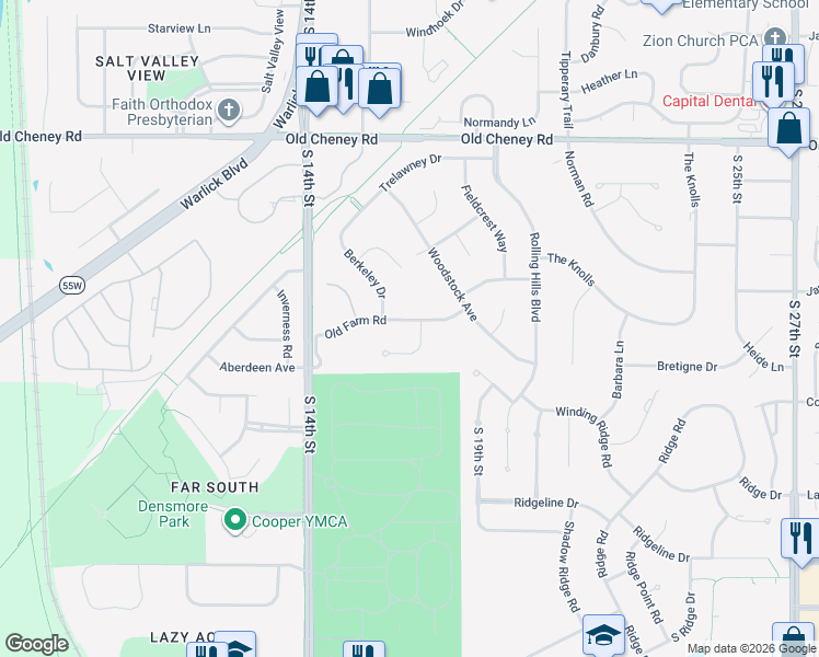 map of restaurants, bars, coffee shops, grocery stores, and more near 1622 Old Farm Road in Lincoln