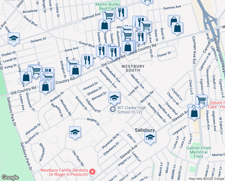 map of restaurants, bars, coffee shops, grocery stores, and more near 1046 Washington Avenue in Westbury