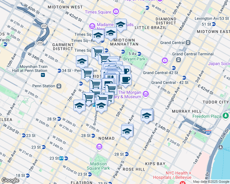 map of restaurants, bars, coffee shops, grocery stores, and more near 60 West 36th Street in New York