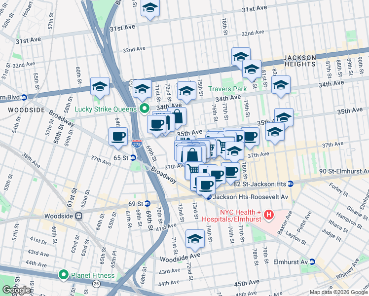 map of restaurants, bars, coffee shops, grocery stores, and more near 35-02 73rd Street in Queens