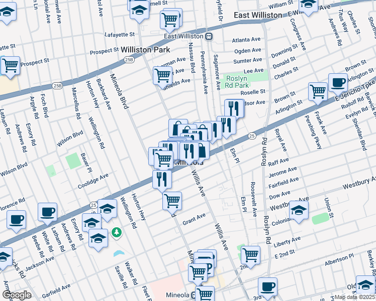map of restaurants, bars, coffee shops, grocery stores, and more near 311 Schuster Avenue in Mineola