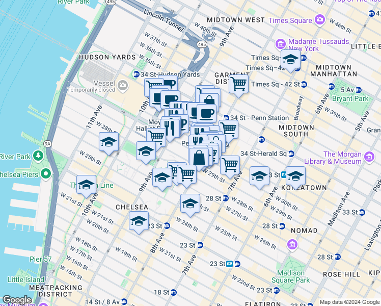map of restaurants, bars, coffee shops, grocery stores, and more near 341 West 30th Street in New York
