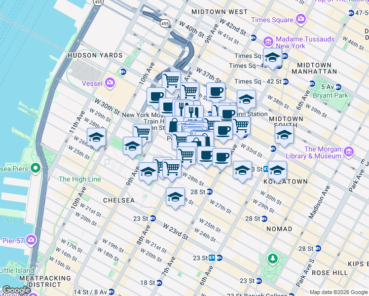 map of restaurants, bars, coffee shops, grocery stores, and more near 303 West 30th Street in New York
