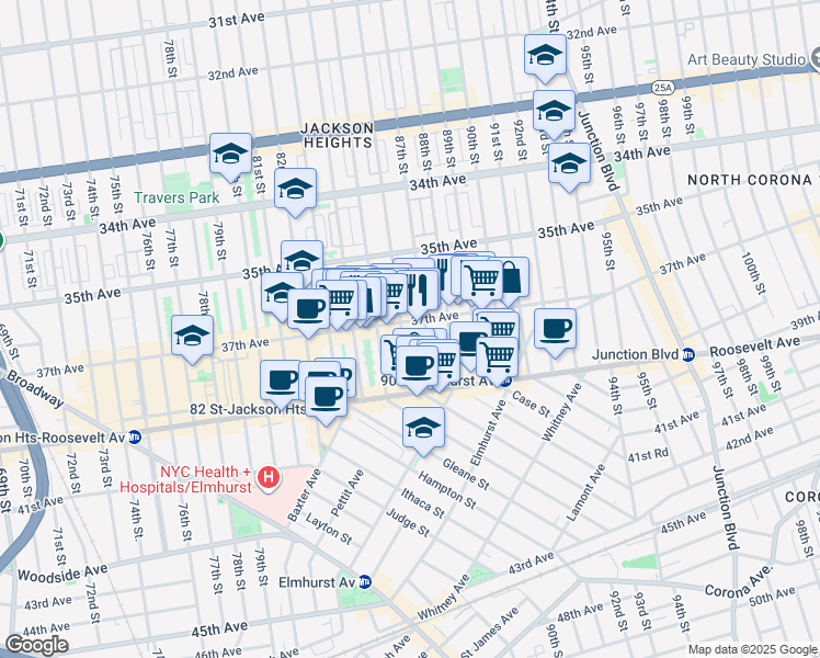 map of restaurants, bars, coffee shops, grocery stores, and more near 8612 37th Avenue in Queens