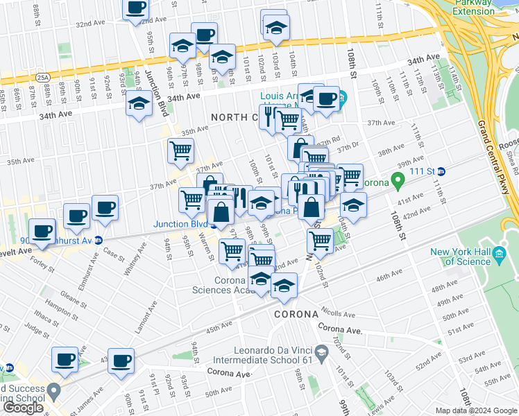 map of restaurants, bars, coffee shops, grocery stores, and more near 38-21 99th Street in Queens