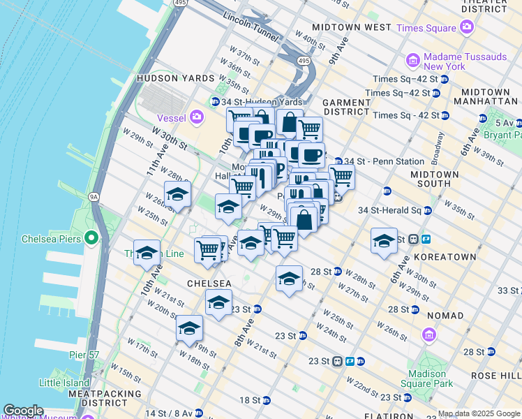 map of restaurants, bars, coffee shops, grocery stores, and more near 370 West 29th Street in New York