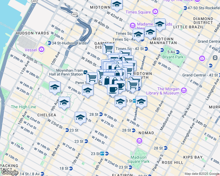 map of restaurants, bars, coffee shops, grocery stores, and more near 2 Pennsylvania Plaza in New York