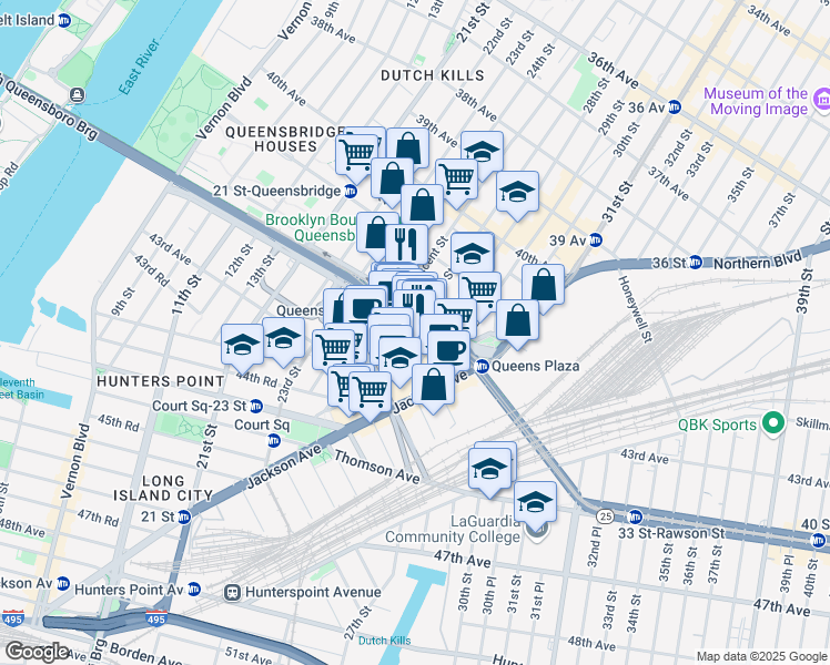 map of restaurants, bars, coffee shops, grocery stores, and more near 2700 Queens Plaza South in Queens