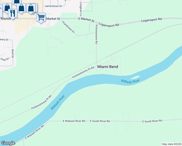 map of restaurants, bars, coffee shops, grocery stores, and more near 4617 Pottawatomie Point Road in Logansport