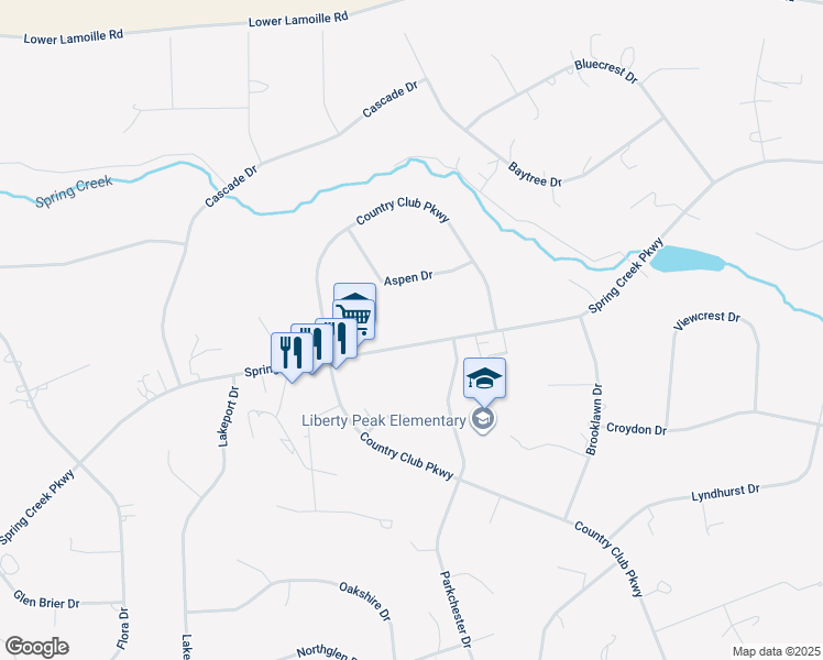 map of restaurants, bars, coffee shops, grocery stores, and more near 321 Spring Creek Parkway in Spring Creek