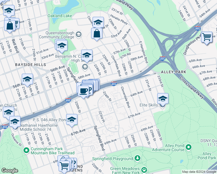 map of restaurants, bars, coffee shops, grocery stores, and more near 6101 224 Street in Queens