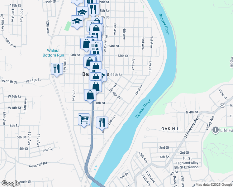 map of restaurants, bars, coffee shops, grocery stores, and more near 307 Pine Street in Beaver Falls