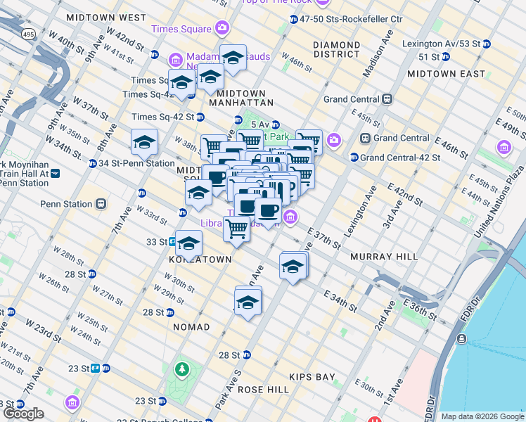 map of restaurants, bars, coffee shops, grocery stores, and more near 401 5th Avenue in New York