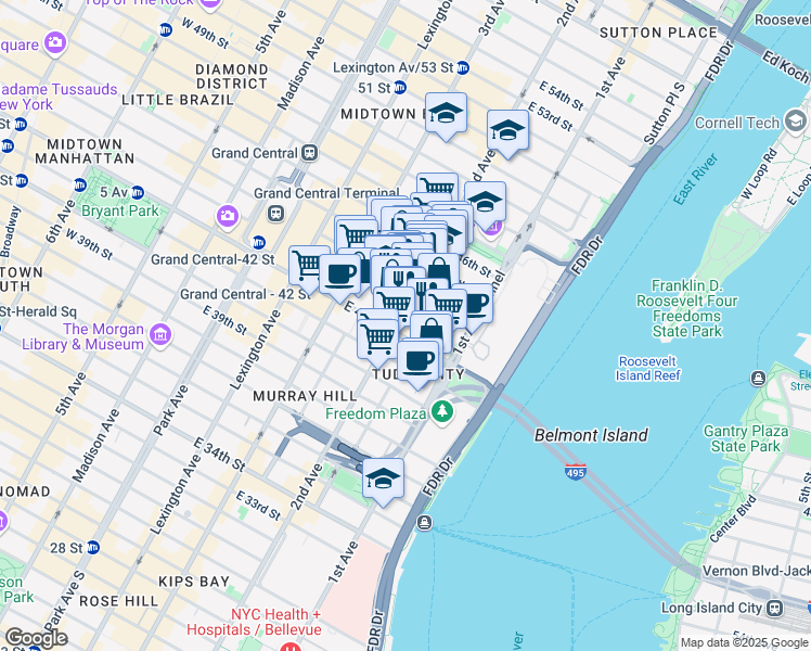 map of restaurants, bars, coffee shops, grocery stores, and more near 303 East 43rd Street in New York