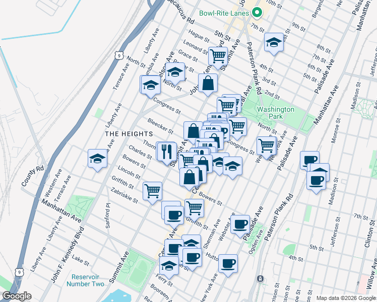 map of restaurants, bars, coffee shops, grocery stores, and more near 47 Bleecker Street in Jersey City