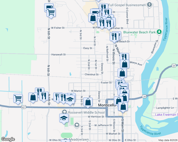 map of restaurants, bars, coffee shops, grocery stores, and more near 500 North 2nd Street in Monticello