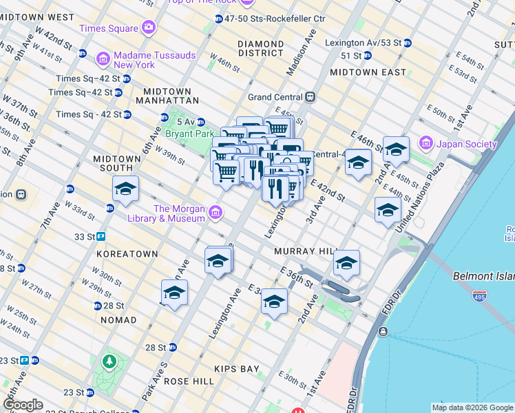 map of restaurants, bars, coffee shops, grocery stores, and more near 100 Park Avenue in New York