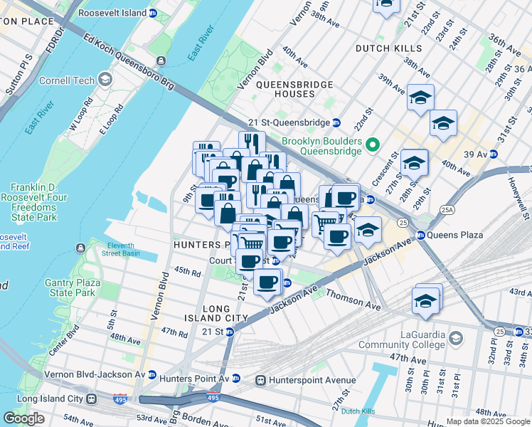 map of restaurants, bars, coffee shops, grocery stores, and more near 13-06 43rd Avenue in Queens