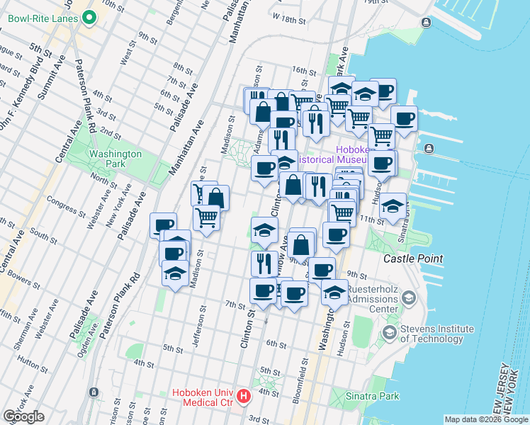 map of restaurants, bars, coffee shops, grocery stores, and more near 1035 Grand Street in Hoboken