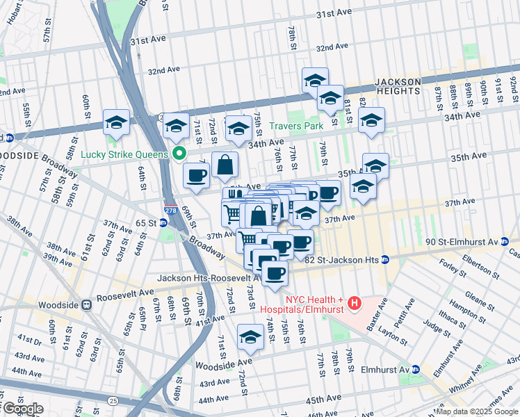 map of restaurants, bars, coffee shops, grocery stores, and more near in Queens