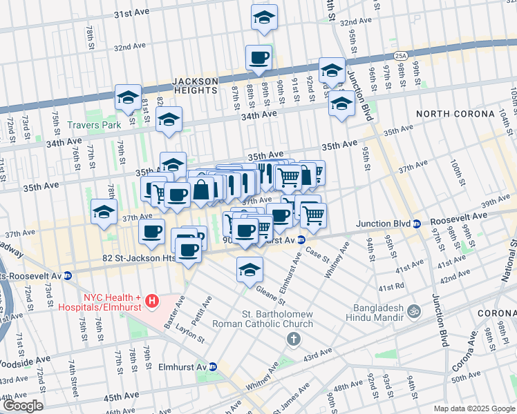 map of restaurants, bars, coffee shops, grocery stores, and more near 87-10 37th Avenue in Queens