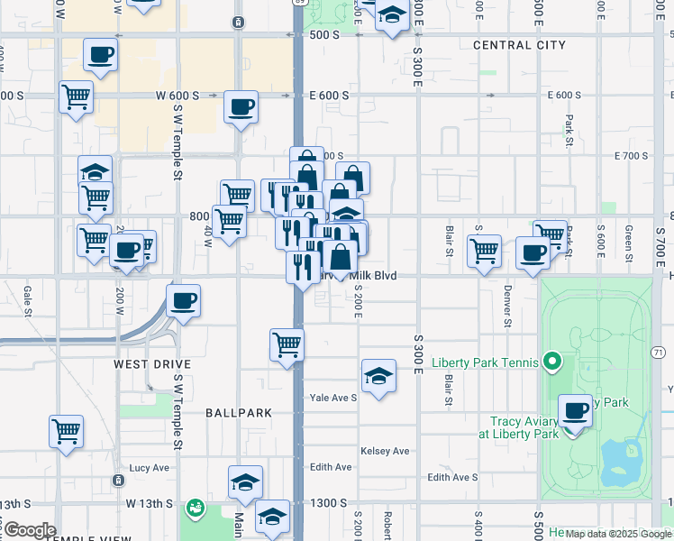 map of restaurants, bars, coffee shops, grocery stores, and more near 857 South Edison Street in Salt Lake City