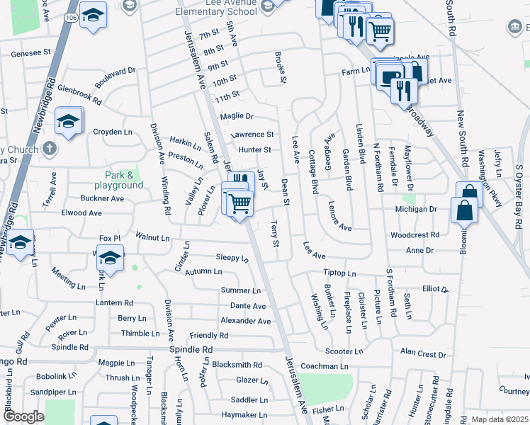 map of restaurants, bars, coffee shops, grocery stores, and more near 3 Tobias Street in Hicksville