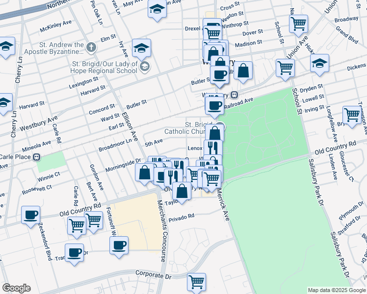 map of restaurants, bars, coffee shops, grocery stores, and more near 80 5th Avenue in Westbury