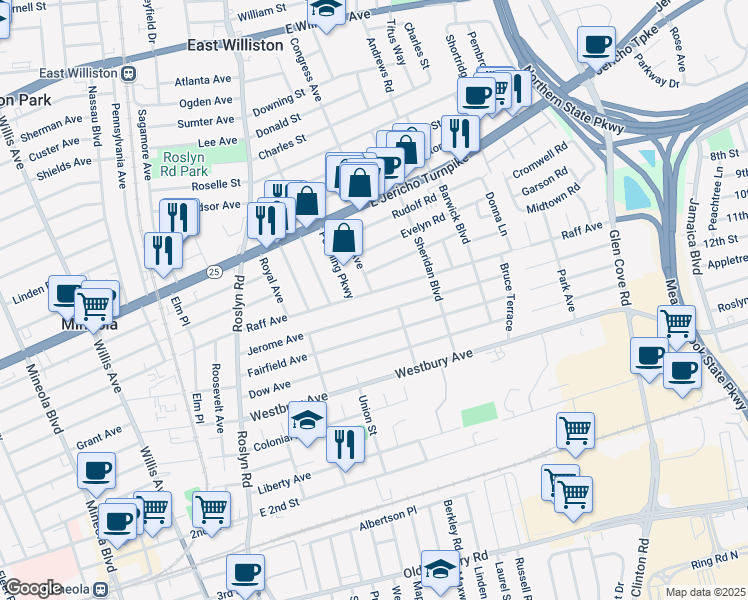 map of restaurants, bars, coffee shops, grocery stores, and more near 174 Raff Avenue in Mineola